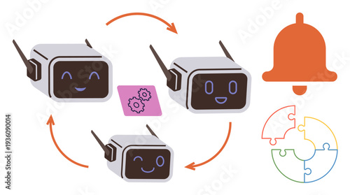 Automation, teamwork, system notifications, technology, problem-solving, workflow optimization. Smiling robots with gears, arrows notification bell and puzzle graphic. Automation and teamwork