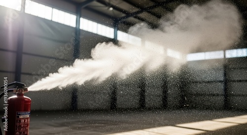 A fire extinguisher sprays its contents in an industrial building, creating a cloud of white powder