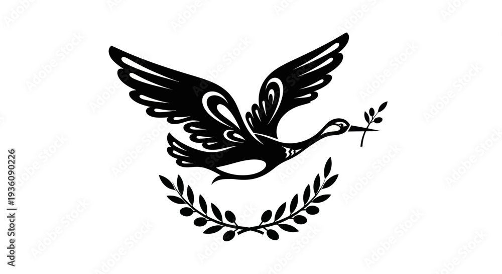 Fototapeta premium Flying bird silhouette with olive branch