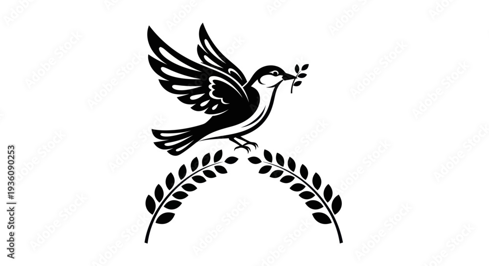 Naklejka premium Flying bird silhouette with olive branch