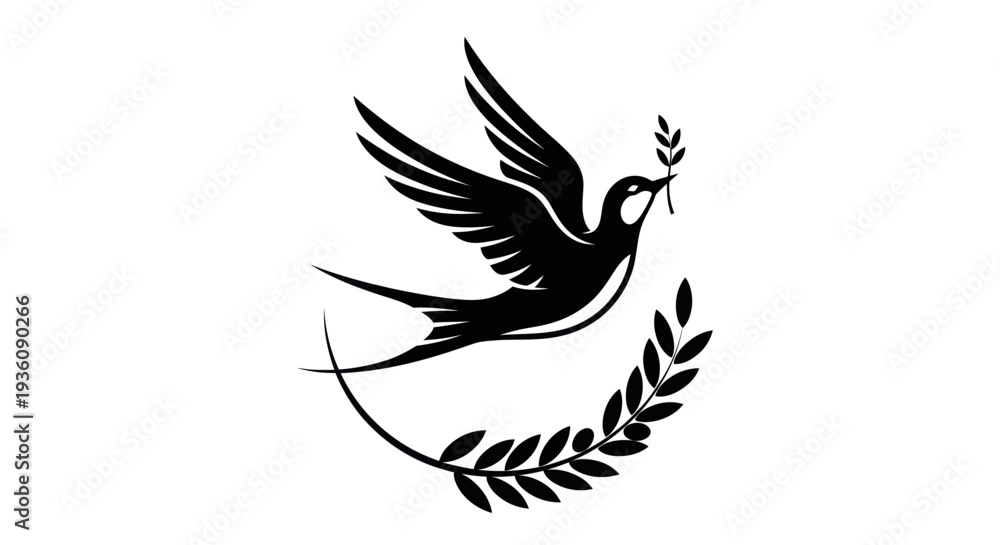 Fototapeta premium Flying bird silhouette with olive branch