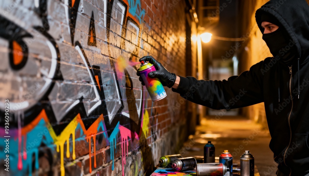 Fototapeta premium Person in black hoodie creating graffiti artwork in an alleyway at night