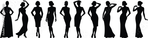 Elegant women silhouettes collection, female fashion models standing in stylish poses isolated black vector illustration on white background