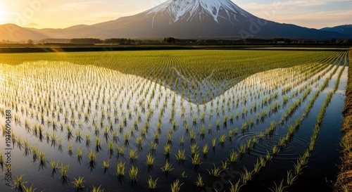 A serene rice field reflects a snowy mountain peak under a warm sunset glow