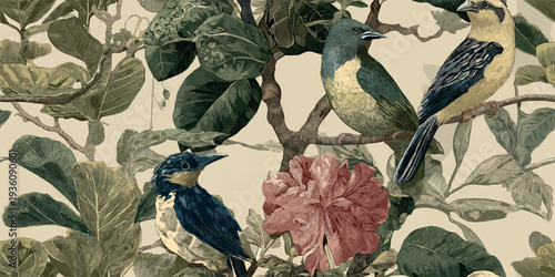 Vintage tropical bird and floral botanical illustration with exotic parrots and lush green leaves for luxury textiles, home decor, wallpapers, and elegant fashion branding.