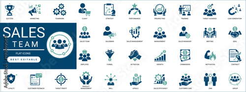 sales team solid icon set. revenue, conversion, customer, strategy, management, growth, professional. editable vector illustration collection set.