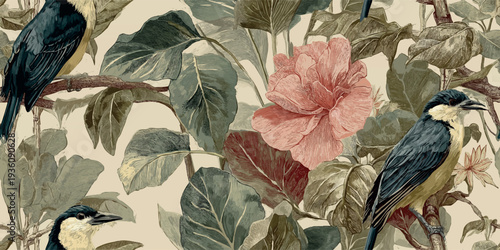 Vintage tropical bird and floral botanical illustration with exotic parrots and lush green leaves for luxury textiles, home decor, wallpapers, and elegant fashion branding.