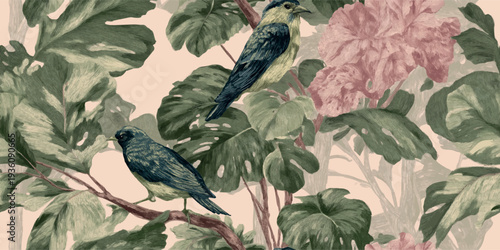 Vintage tropical bird and floral botanical illustration with exotic parrots and lush green leaves for luxury textiles, home decor, wallpapers, and elegant fashion branding.