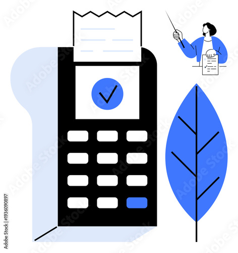 Payment terminal displaying a receipt with checkmark, blue leaf, and a person holding a document. Ideal for finance, e-commerce, technology, sustainability, eco-business, cashless economy digital