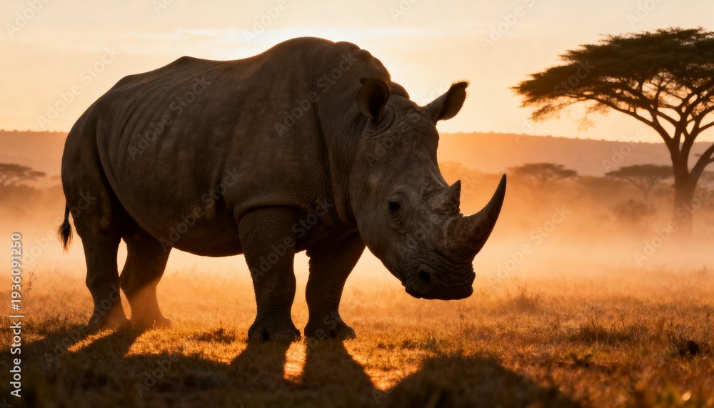 Fototapeta premium Black Rhinoceros in Savanna at Sunset