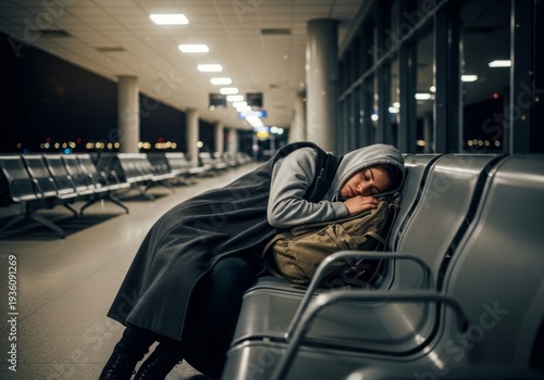 Woman sleeping on a bench in empty airport. Girl tired during night travel. Long wait for delayed flight.