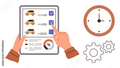 Car rental, decision-making, time management, efficiency, business planning, logistics. Hands selecting vehicles from a checklist with gear icons and a clock. Car rental and decision-making concept
