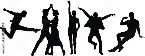 Energetic dancers silhouette collection, dynamic male and female performing expressive modern dance moves isolated on white background