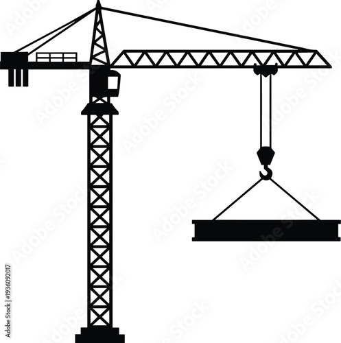 Minimal vector silhouette, tower crane lifting a concrete slab, solid black, isolated on white