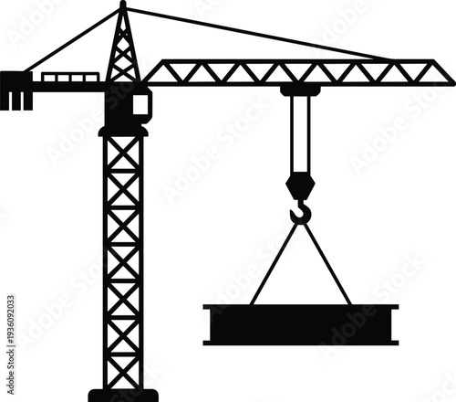 Minimal vector silhouette, tower crane lifting a concrete slab, solid black, isolated on white