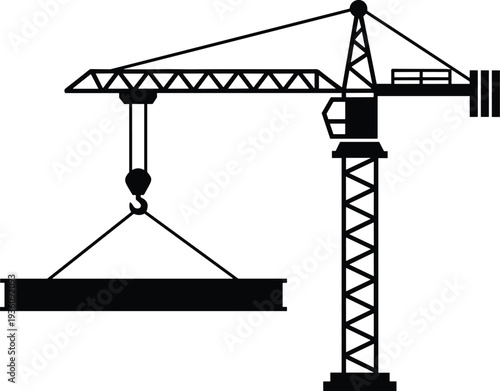 Minimal vector silhouette, tower crane lifting a concrete slab, solid black, isolated on white