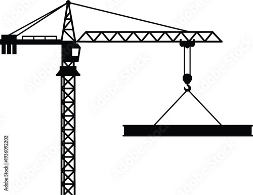 Minimal vector silhouette, tower crane lifting a concrete slab, solid black, isolated on white