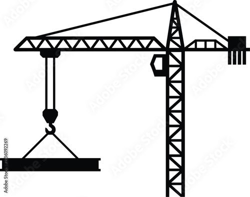 Minimal vector silhouette, tower crane lifting a concrete slab, solid black, isolated on white