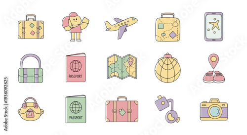 Travel icons suitcases airplane passport