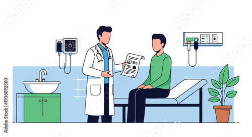 Modern flat vector illustration of doctor consulting patient in examination room representing medical checkup, diagnosis and professional healthcare treatment
