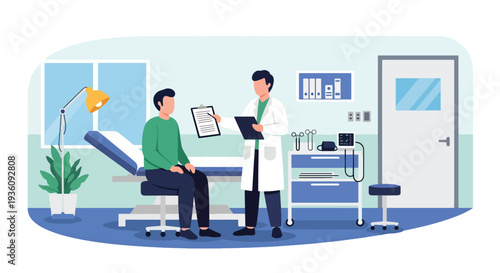 Modern flat vector illustration of doctor consulting patient in examination room representing medical checkup, diagnosis and professional healthcare treatment