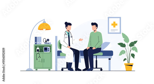 Modern flat vector illustration of doctor consulting patient in examination room representing medical checkup, diagnosis and professional healthcare treatment