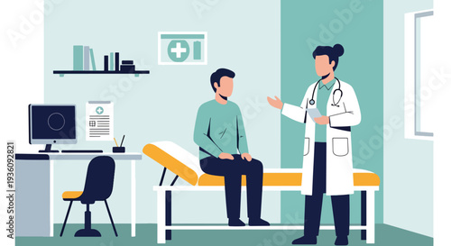 Modern flat vector illustration of doctor consulting patient in examination room representing medical checkup, diagnosis and professional healthcare treatment