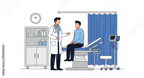 Modern flat vector illustration of doctor consulting patient in examination room representing medical checkup, diagnosis and professional healthcare treatment