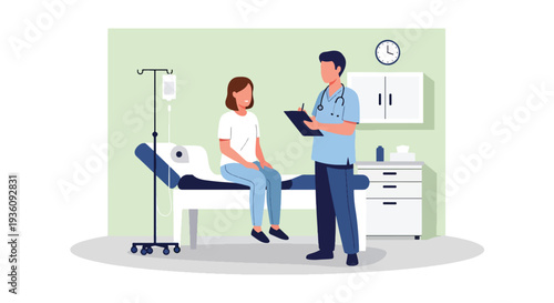 Modern flat vector illustration of doctor consulting patient in examination room representing medical checkup, diagnosis and professional healthcare treatment