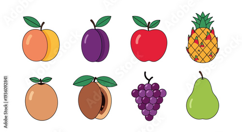Various colorful fruit illustrations on white