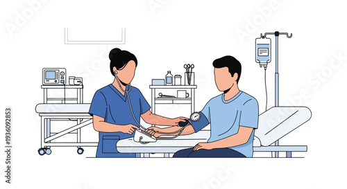 Modern flat vector illustration of nurse measuring patient blood pressure in clinic representing routine health monitoring and preventive healthcare service