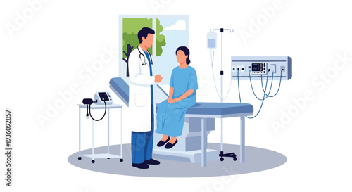 Modern flat vector illustration of doctor consulting patient in examination room representing medical checkup, diagnosis and professional healthcare treatment