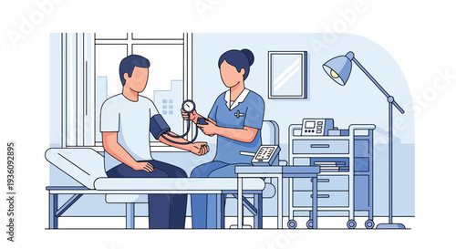 Modern flat vector illustration of nurse measuring patient blood pressure in clinic representing routine health monitoring and preventive healthcare service