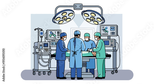 Modern flat vector illustration of surgeons performing operation in operating room representing advanced healthcare treatment and professional medical teamwork