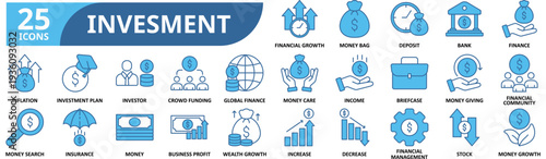 investment Icon Set. Contain icons related to finance, money, banking, icon, deposit, savings, business, profit, management