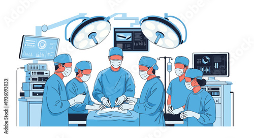 Modern flat vector illustration of surgeons performing operation in operating room representing advanced healthcare treatment and professional medical teamwork