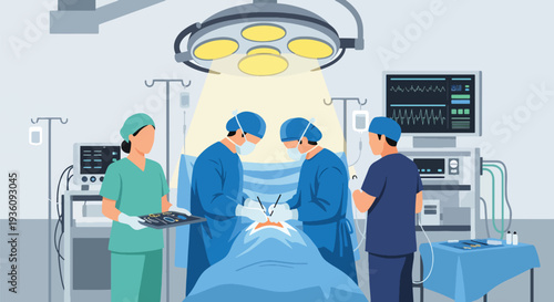 Modern flat vector illustration of surgeons performing operation in operating room representing advanced healthcare treatment and professional medical teamwork