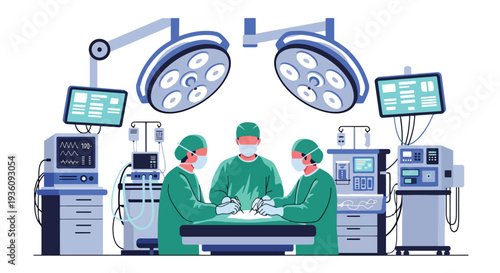 Modern flat vector illustration of surgeons performing operation in operating room representing advanced healthcare treatment and professional medical teamwork