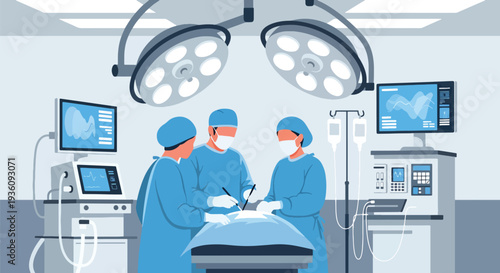 Modern flat vector illustration of surgeons performing operation in operating room representing advanced healthcare treatment and professional medical teamwork