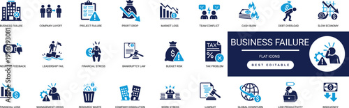 Business Failure Solid Icon Set. Bankruptcy, Debt, Loss, Crisis, Recession, Downward Trend. Editable Vector Illustration Collection Set.