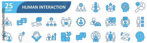 Human Interaction icon set In Blue Style, Vector Illustration. Contain icons related to interaction, connect, network, friends, human relationships, communication, people, networking
