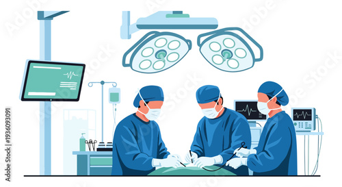 Modern flat vector illustration of surgeons performing operation in operating room representing advanced healthcare treatment and professional medical teamwork