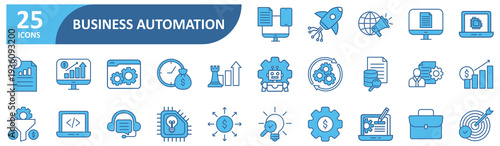 Business automation icon set In Blue Style, Vector Illustration In Blue Style, Vector Illustration. Contain icons related to process, system, software, digital, optimize, efficiency, productivity