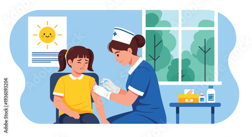 Modern flat vector illustration of nurse giving vaccination to child in clinic representing preventive healthcare, immunization and public health protection