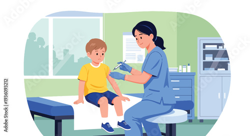 Modern flat vector illustration of nurse giving vaccination to child in clinic representing preventive healthcare, immunization and public health protection