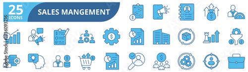 Sales management icon set In Blue Style, Vector Illustration. Contain icons related to business, client, lead, contact, planning, opportunity, account, target, revenue, profit, evaluation, growth