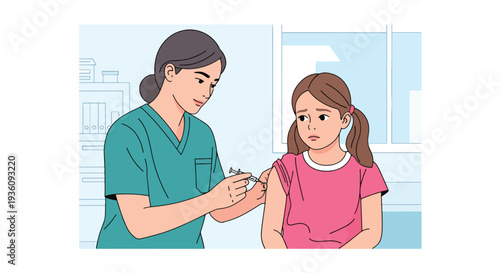 Modern flat vector illustration of nurse giving vaccination to child in clinic representing preventive healthcare, immunization and public health protection