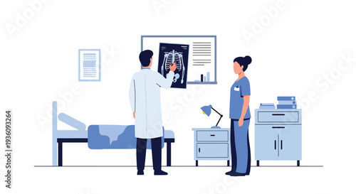Modern flat vector illustration of doctor examining X-ray image with nurse representing diagnostic imaging, analysis and professional healthcare evaluation