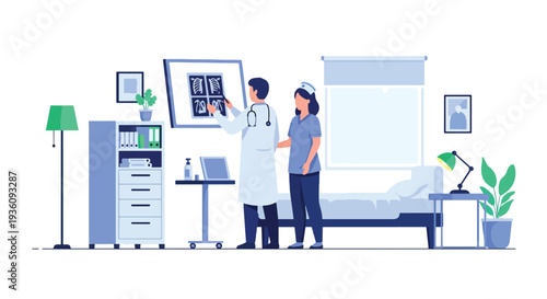 Modern flat vector illustration of doctor examining X-ray image with nurse representing diagnostic imaging, analysis and professional healthcare evaluation