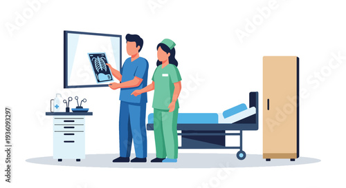 Modern flat vector illustration of doctor examining X-ray image with nurse representing diagnostic imaging, analysis and professional healthcare evaluation